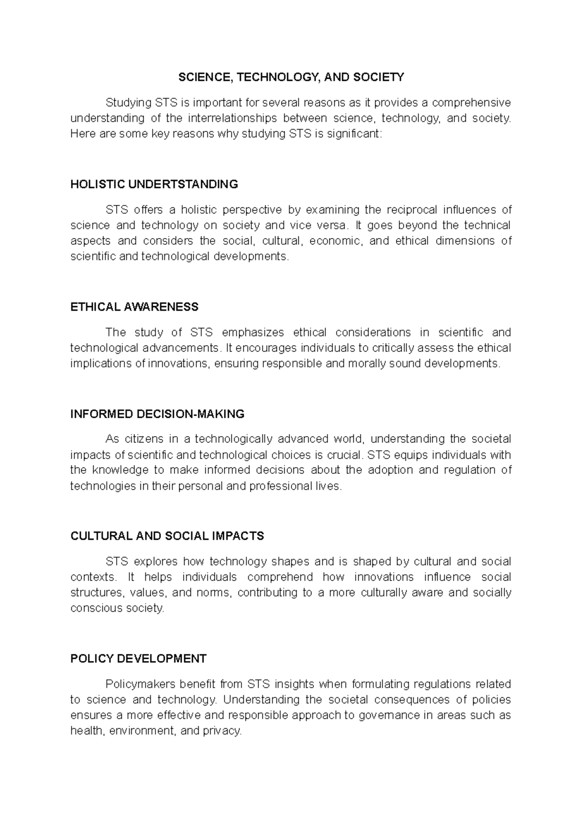 STS REV - notes - SCIENCE, TECHNOLOGY, AND SOCIETY Studying STS is ...