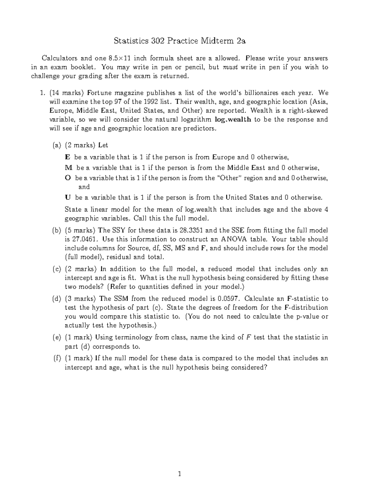 Midterm exam 17 January 2019, questions Statistics 302 Practice