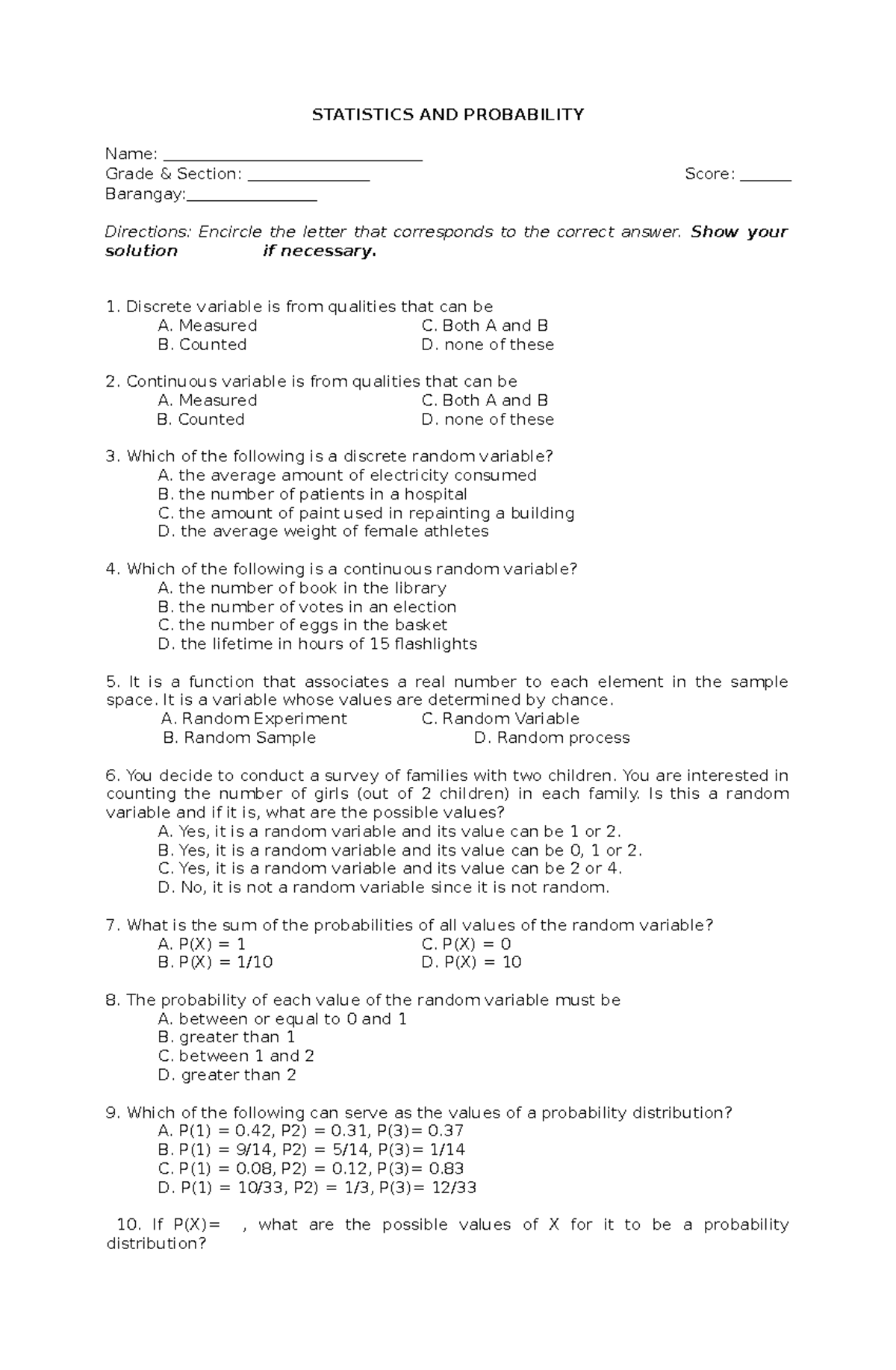 Summative Test and Performance Task Q3 WK 12 STATISTICS AND