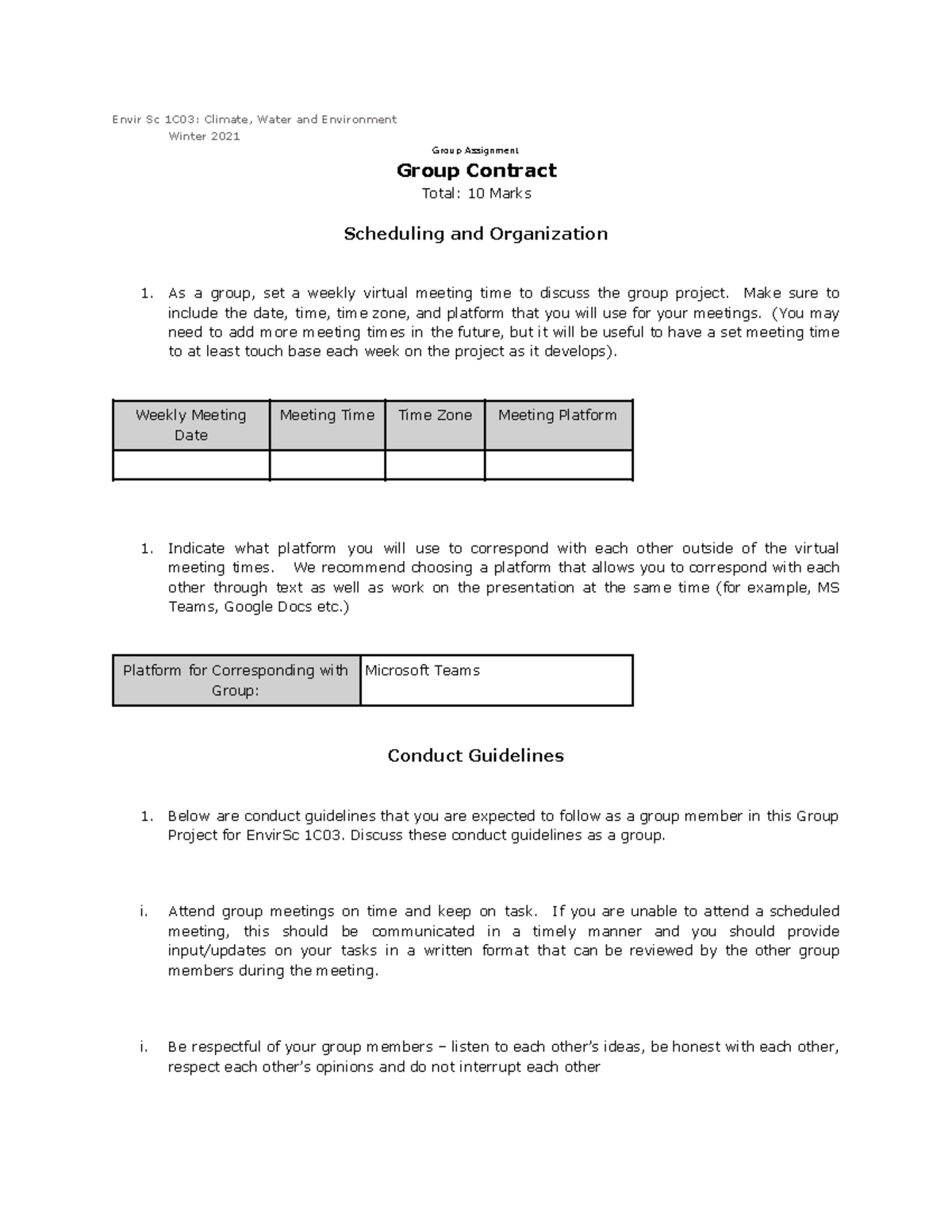 Envir Sc 1C03 Climate, Water and Environment group project contract ...