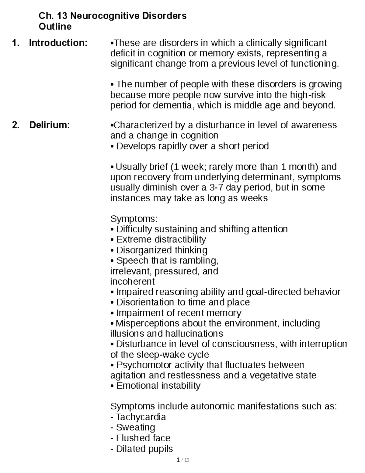 Ch. 13 Neurocognitive Disorders Outline - Ch. 13 Neurocognitive ...