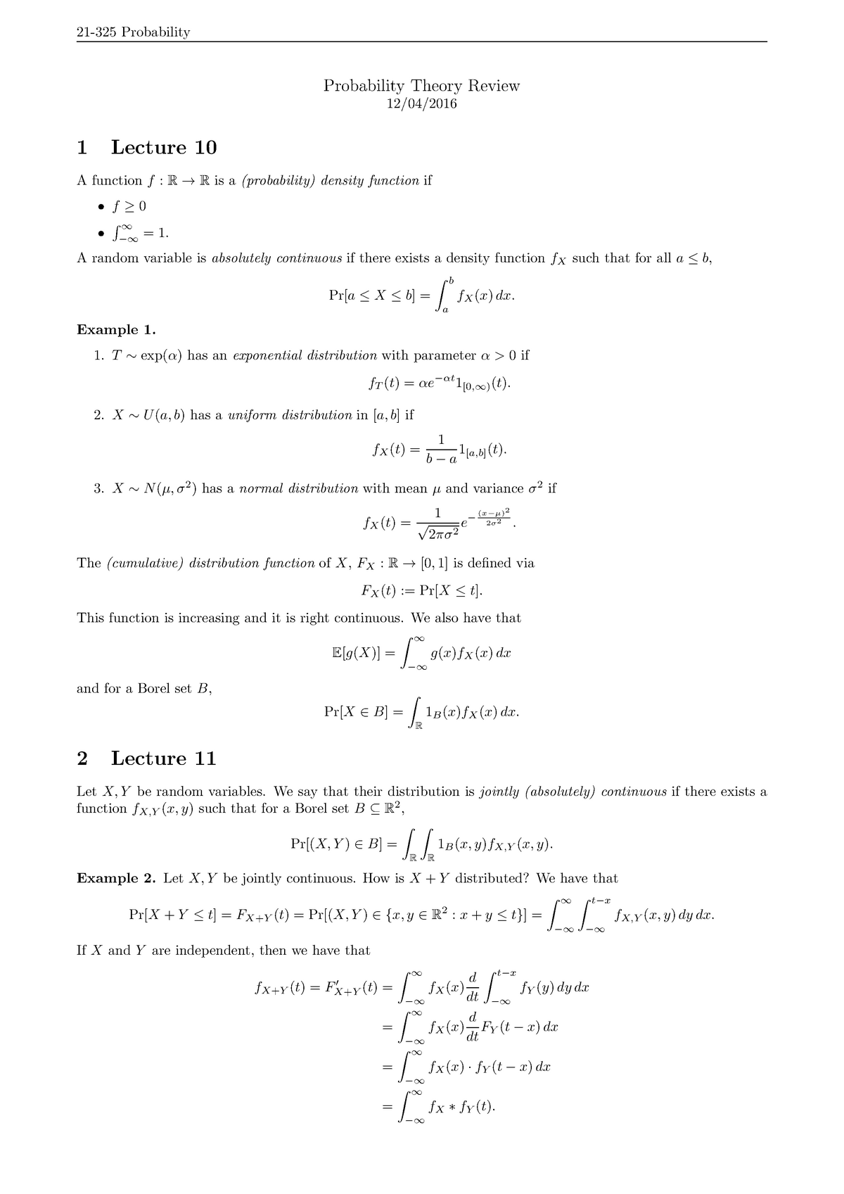 Probability-theory - Final exam review summary notes, for the second ...