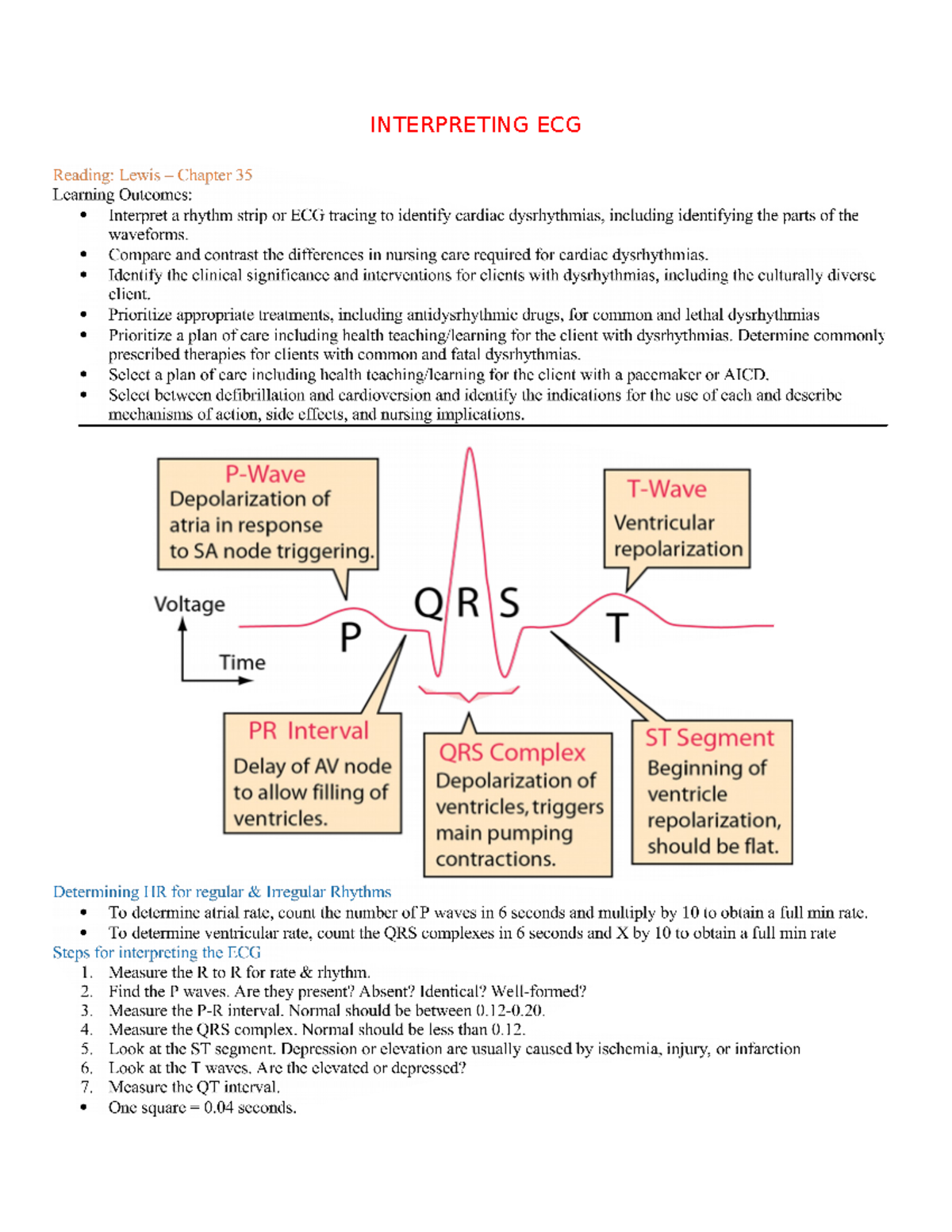 Interpreting ECG Cardiac Study Guide - NUR 252 - INTERPRETING ECG - Studocu