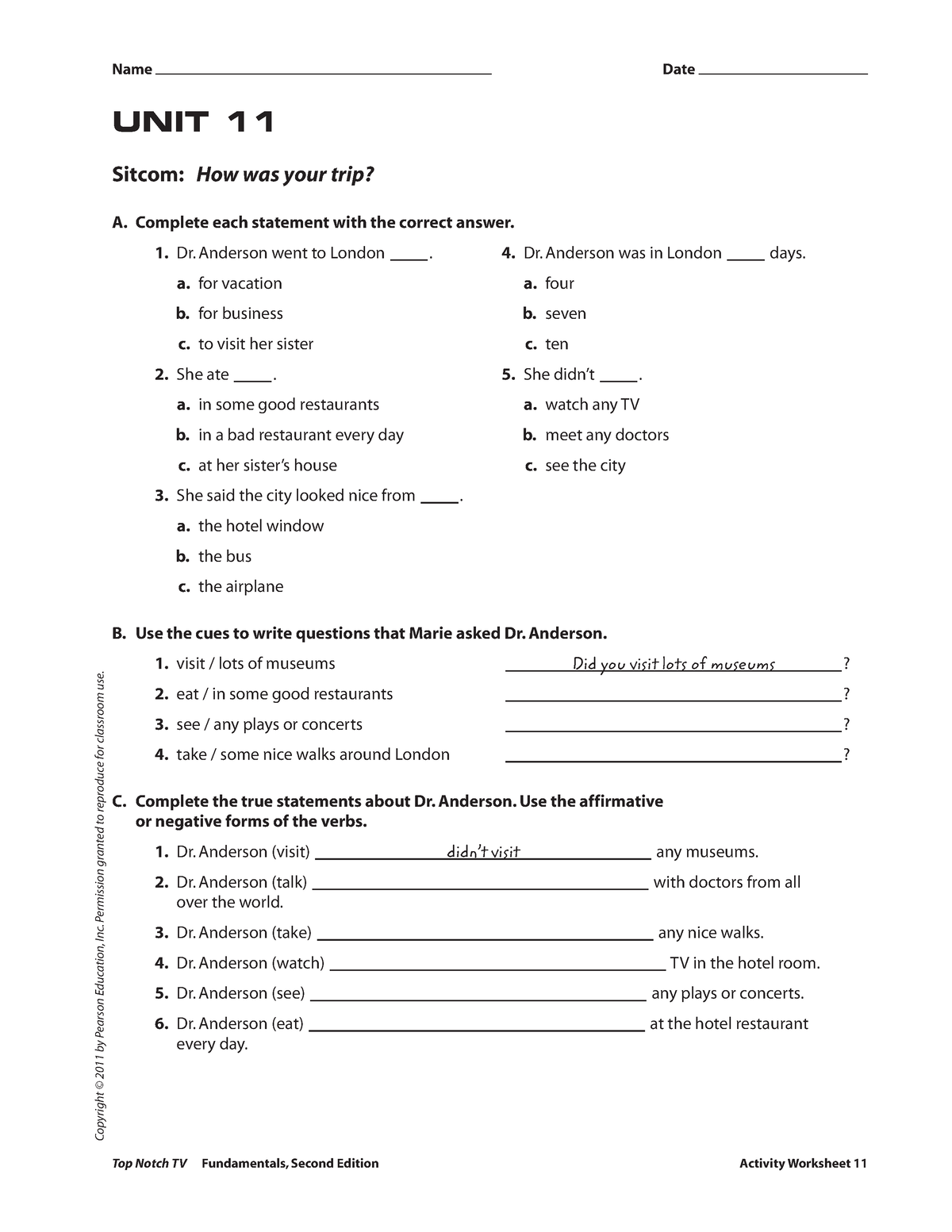 UNIT 11 Video Worksheets - UNIT 11 Sitcom: How Was Your Trip? A ...