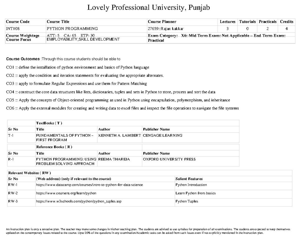 Rpt Ip Print New - Lovely Professional University, Punjab Course Code ...