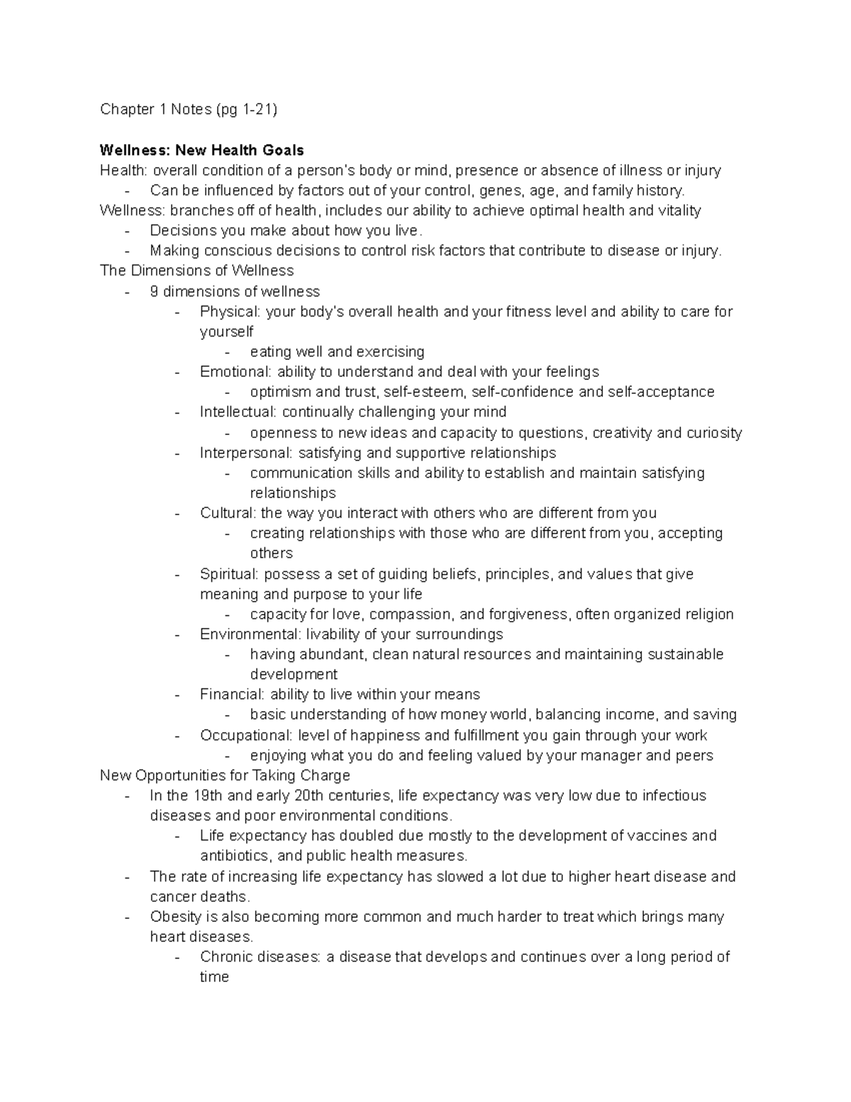Chapter 1 Notes Wellness New Health Goals Chapter 1 Notes (pg 121