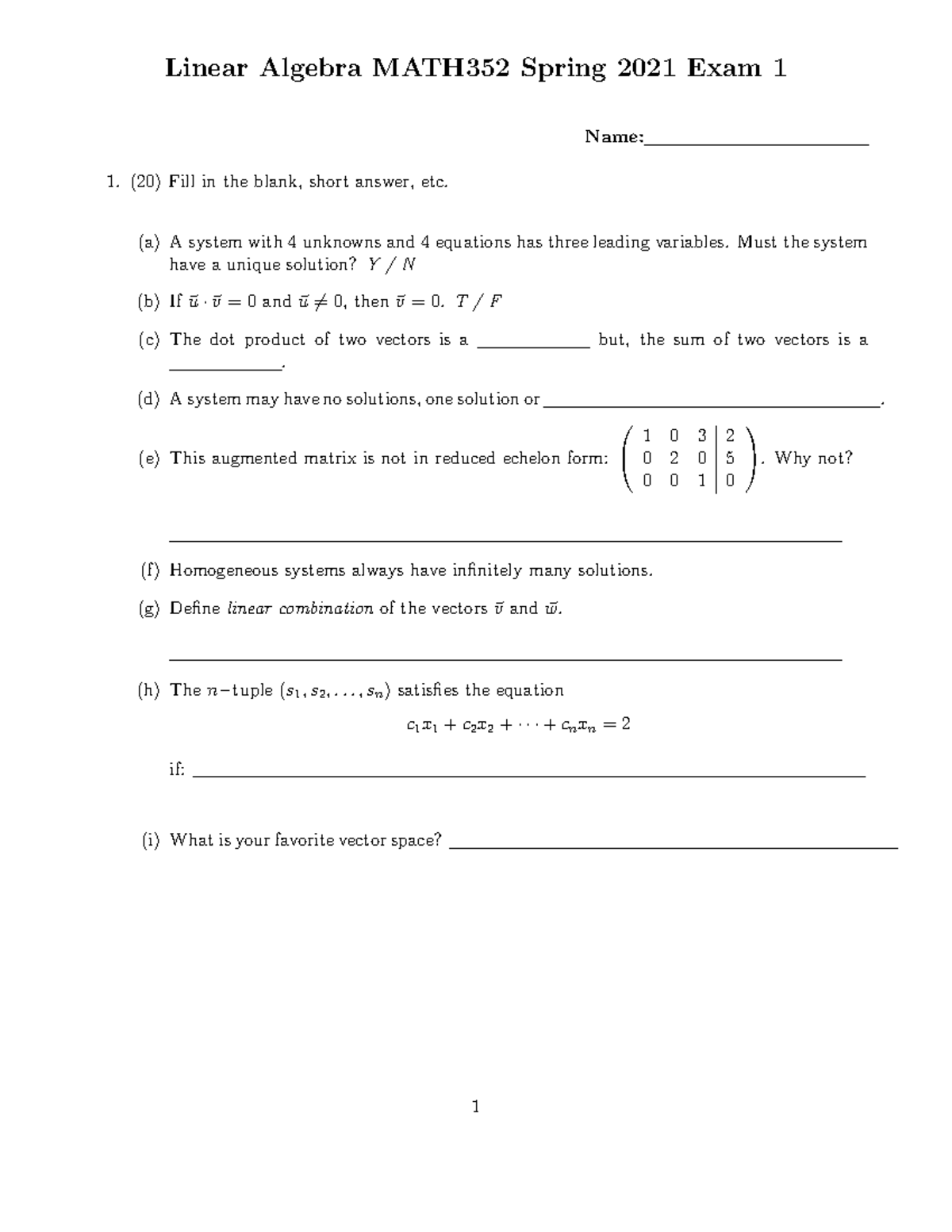 Exam 1 - This Was The First Exam For This Class. - Linear Algebra ...