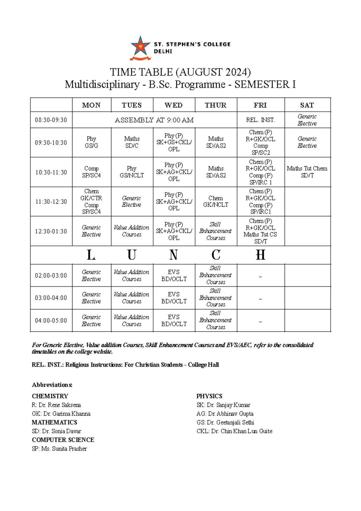 1BSC 1a - This is the timetable of the course - TIME TABLE (AUGUST 2024 ...