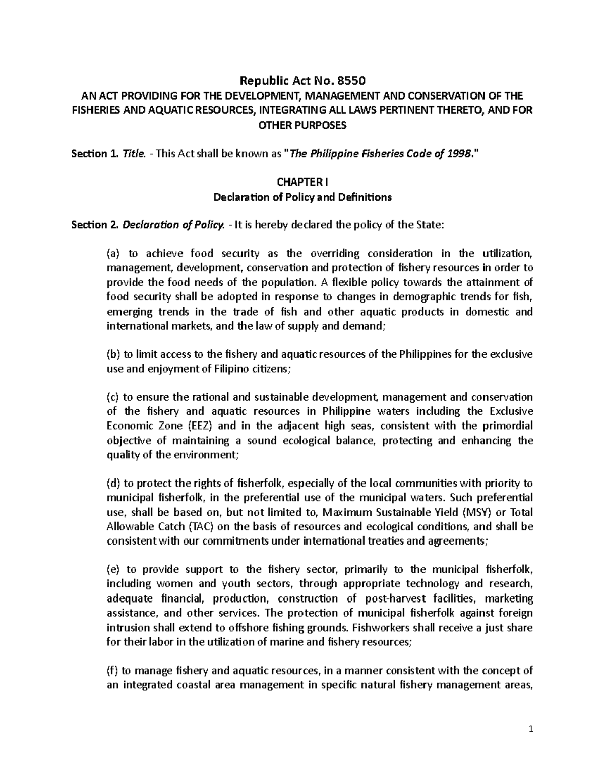 23 R.A. 8550 The Philippine Fisheries Code of 1998 - Republic Act No ...