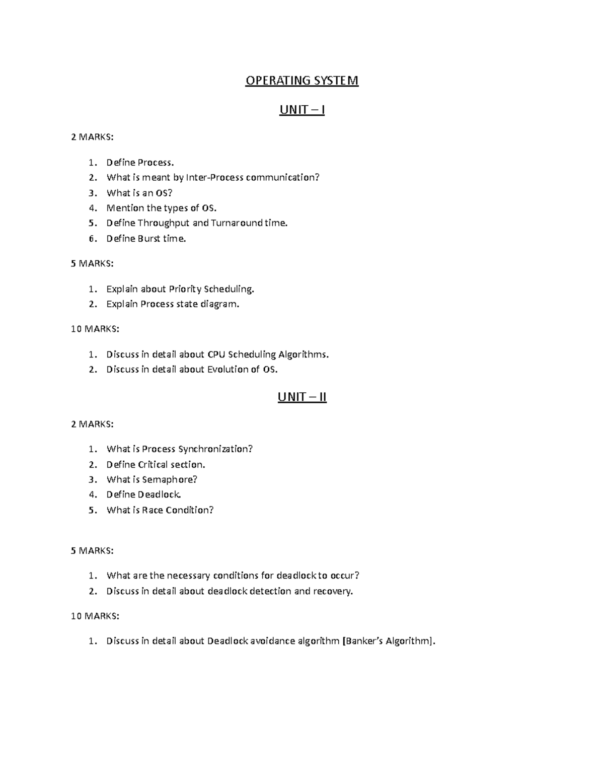 OS Important Questions-1 - OPERATING SYSTEM UNIT – I 2 MARKS: 1. Define ...