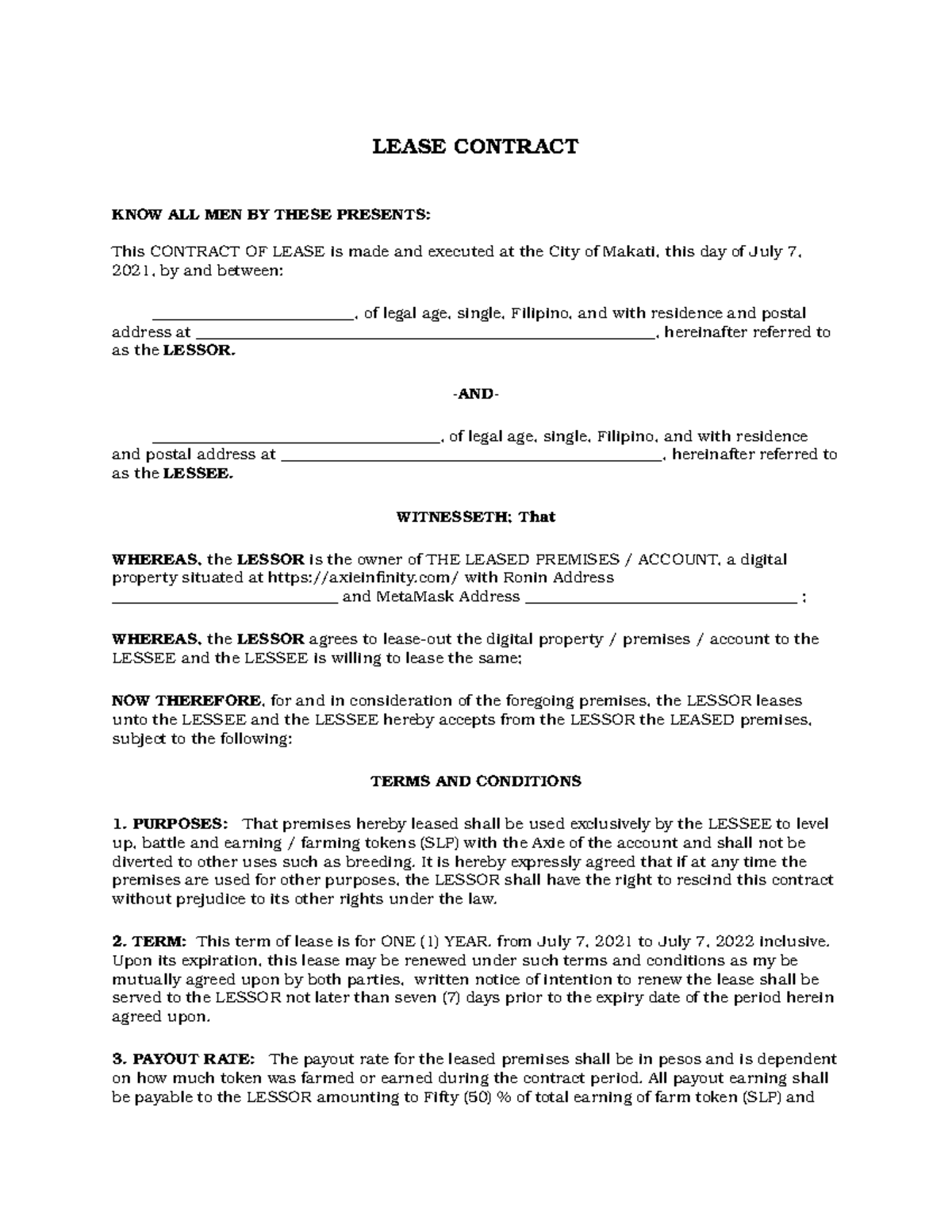 An example of a lease contract for Axie infinity Sample Poi - LEASE