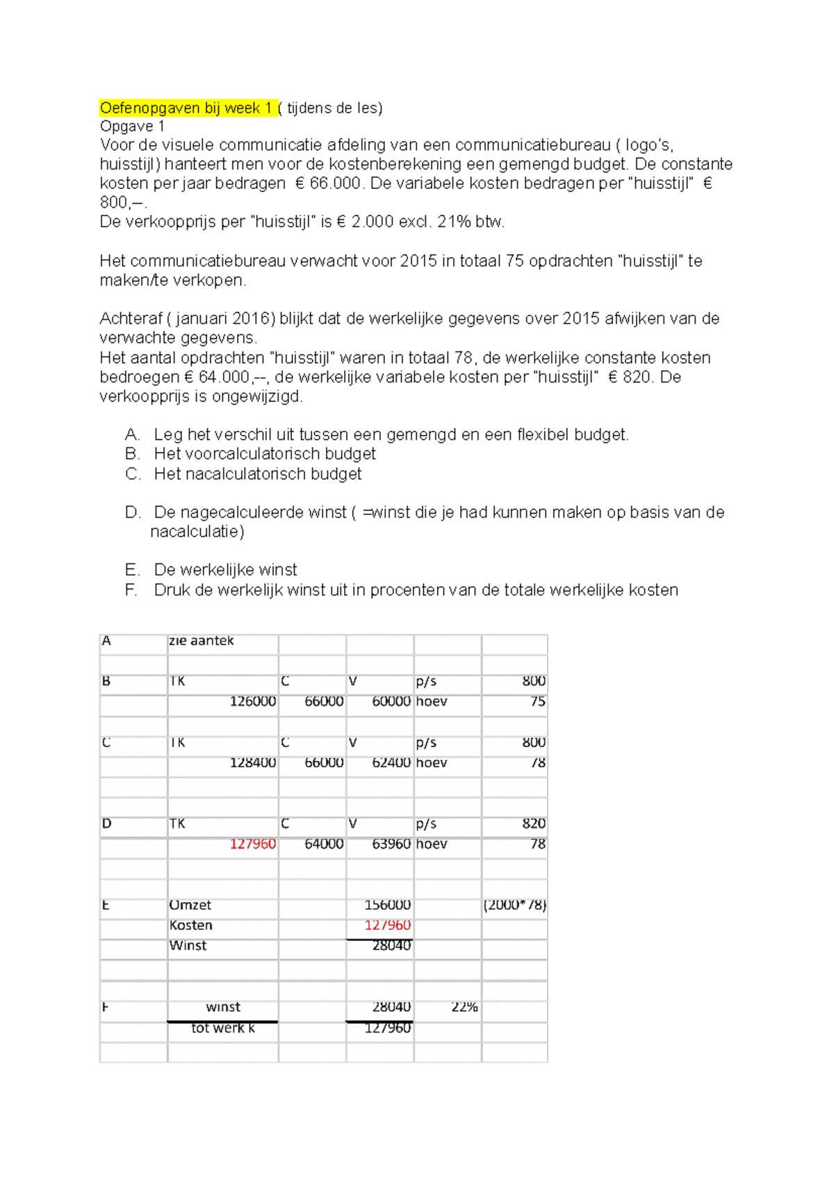 Budgetteren Oefenopgaven Week 1 Met Antwoorden - Oefenopgaven Bij Week ...