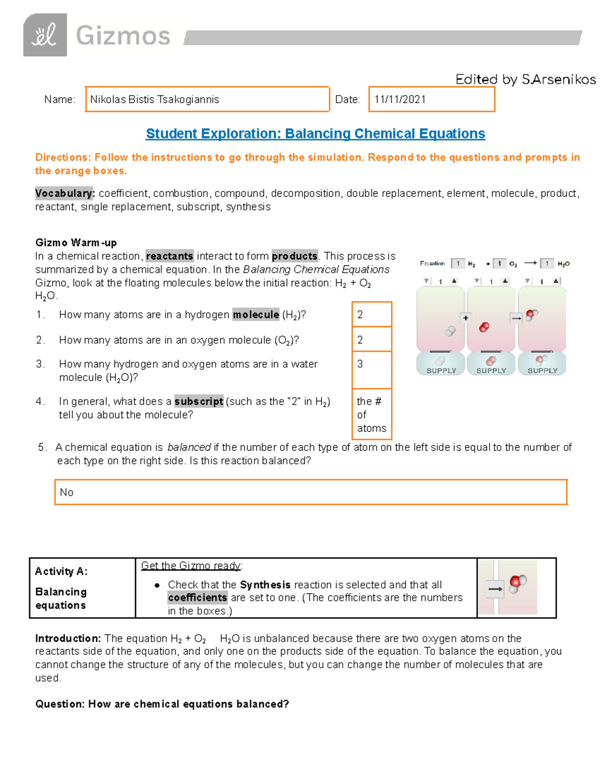 Balancing Chem Equations SE - Edited S Name: Nikolas Bistis ...