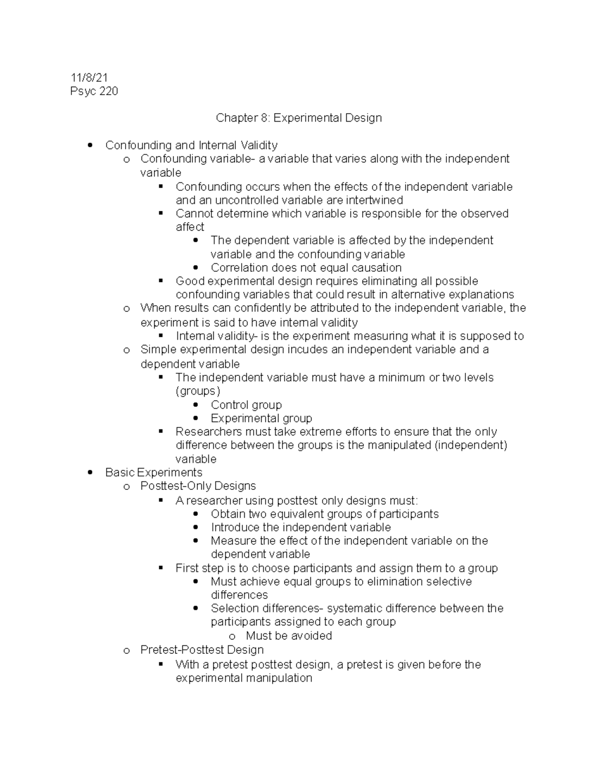 Ch 8 Experimental Design - 11/8/ Psyc 220 Chapter 8: Experimental ...