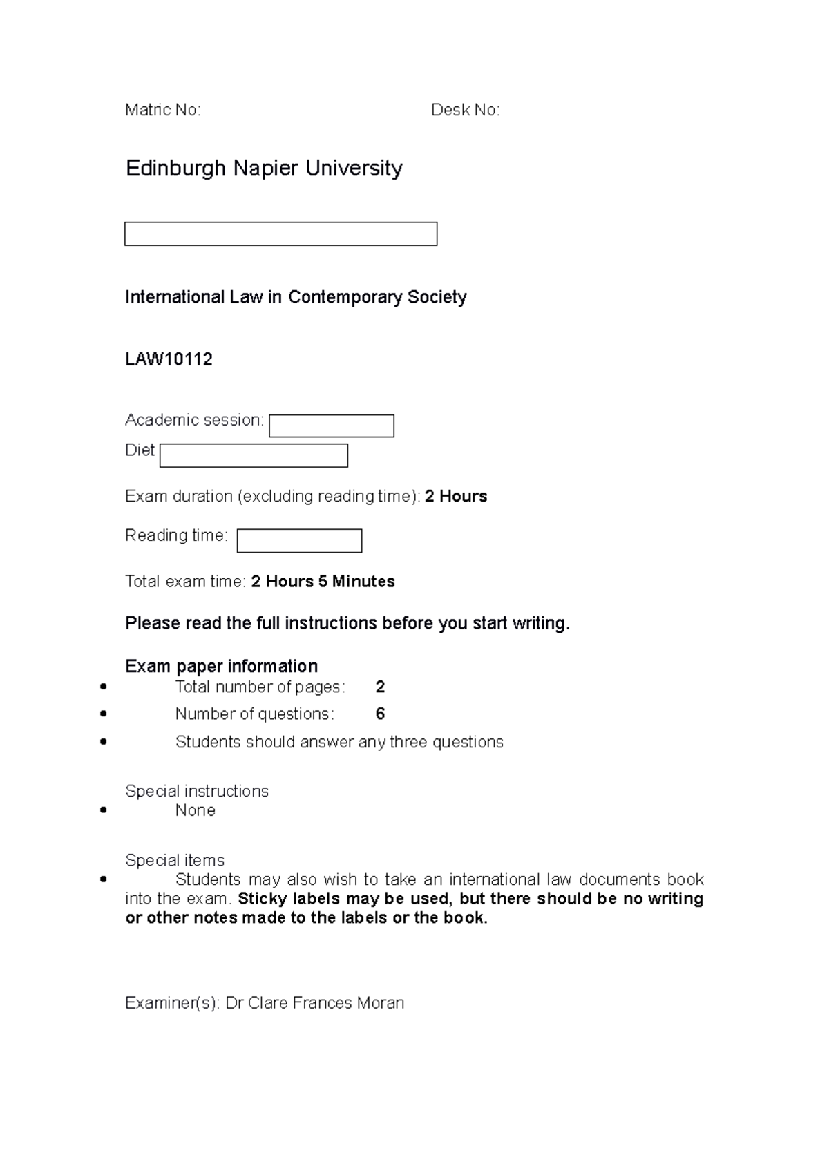 LAW10112 exam 2019-0 - Past paper for ILCS - Matric No: Desk No ...