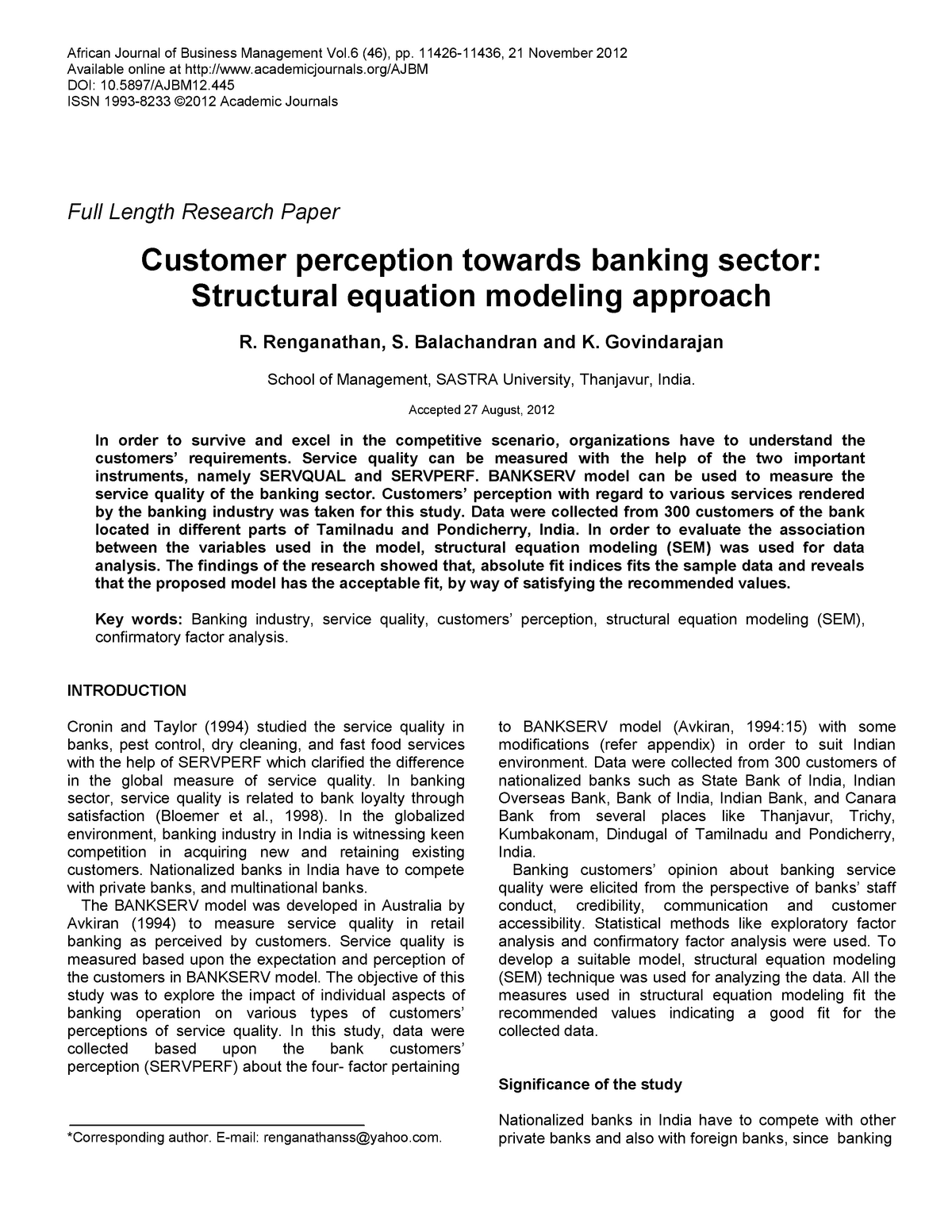 research paper on customer perception towards banking services