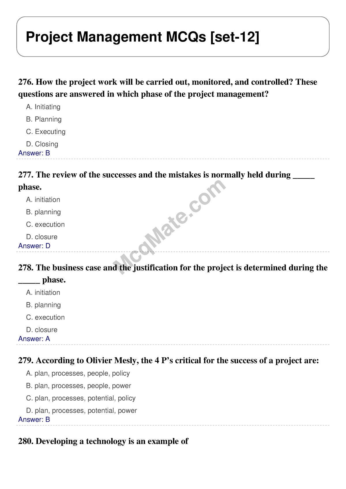 Project Management Solved MCQs [set-12] Mcq Mate.com - McqMate Project ...