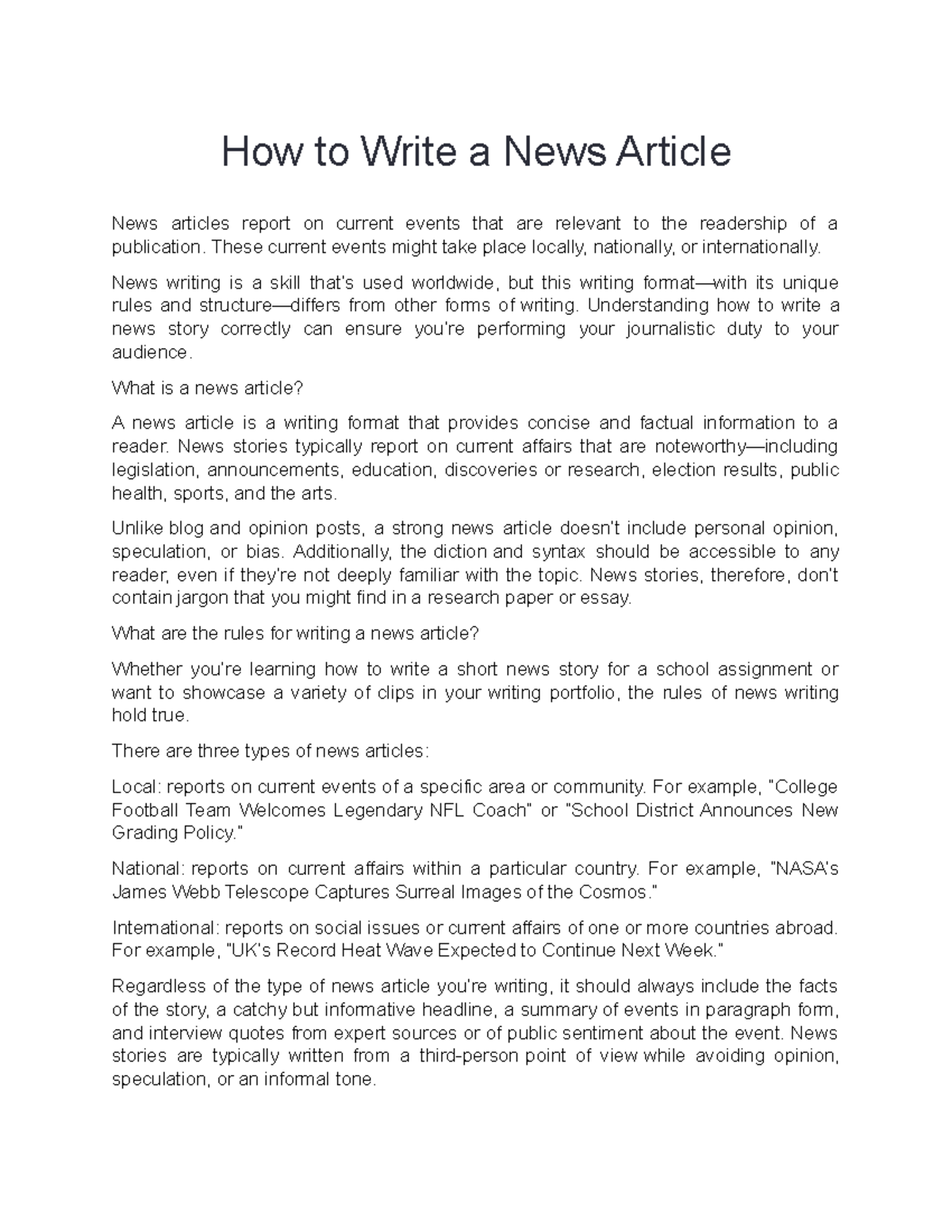 How to Write a News Article - These current events might take place ...