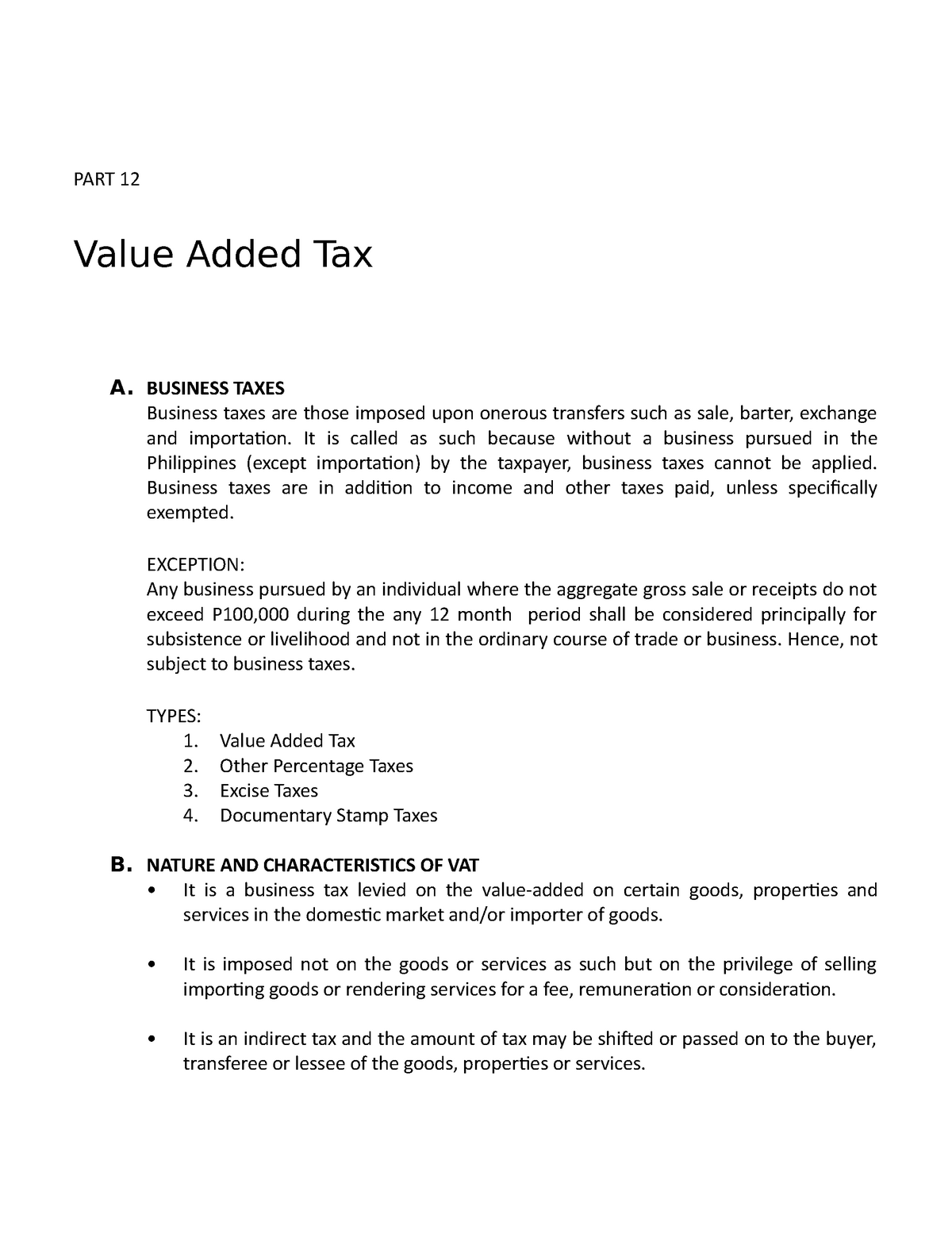 12 Value Added Taxes Lecture Notes 1234 Part 12 Value Added Tax A Business Taxes Business 2344