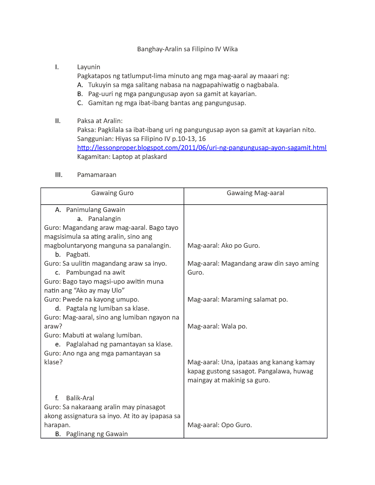 Grade 4 Filipino Lesson PLAN - Banghay-Aralin Sa Filipino IV Wika I ...