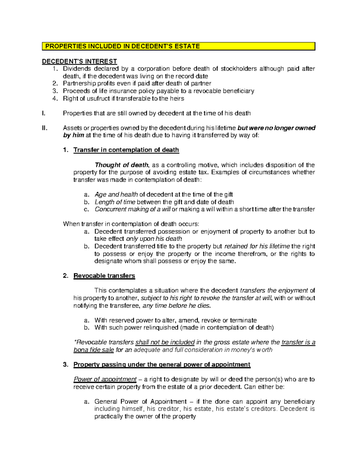 Properties Included in the Decedent's Estate PROPERTIES INCLUDED IN