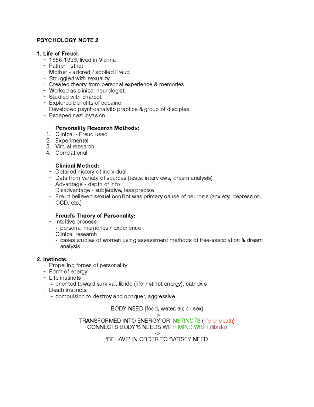 Psychology - Freud - Lecture notes 1-4 - PSYCHOLOGY NOTE 2 Life of ...