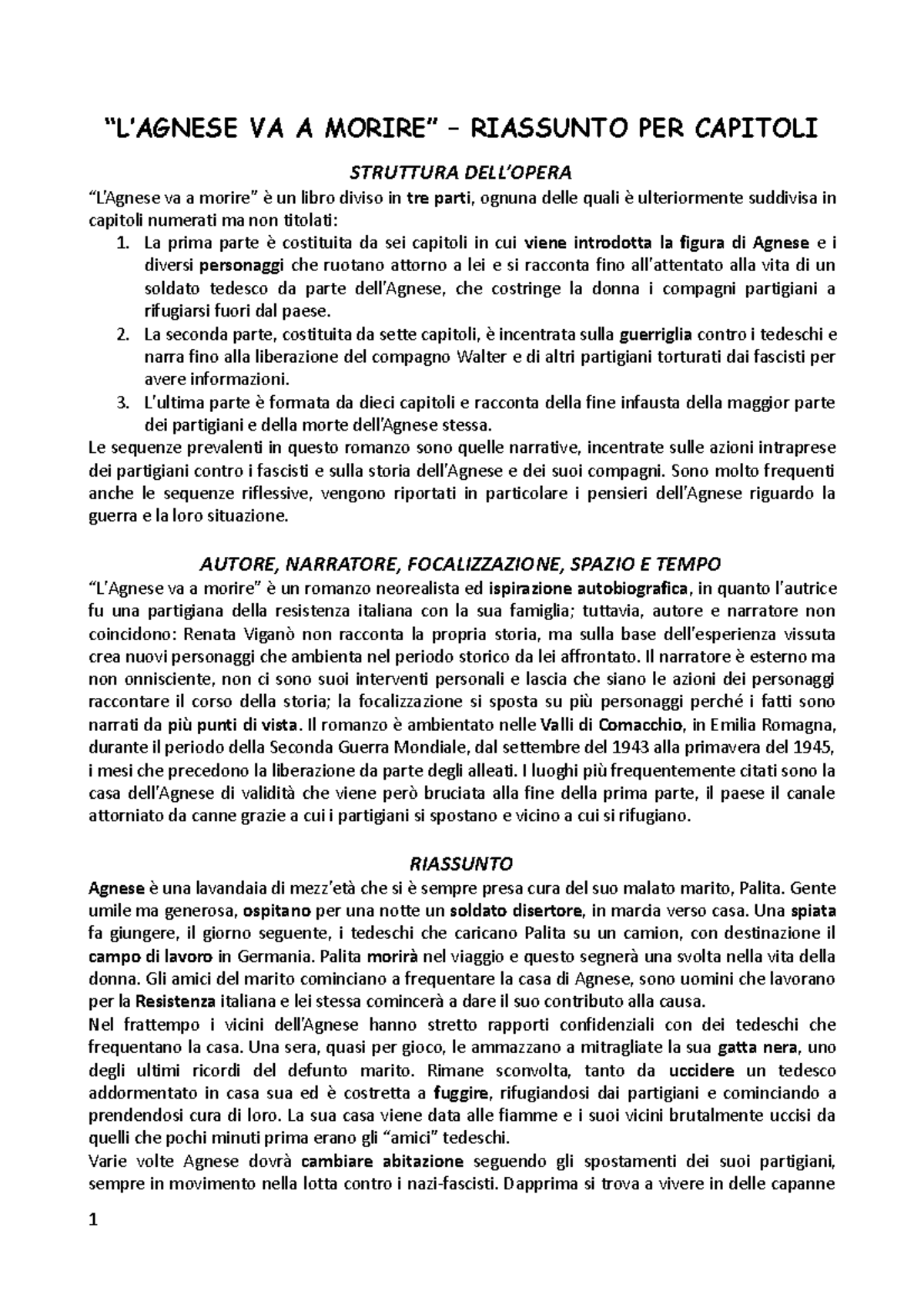 L'Agnese va a morire riassunto “L’AGNESE VA A MORIRE” RIASSUNTO PER CAPITOLI STRUTTURA