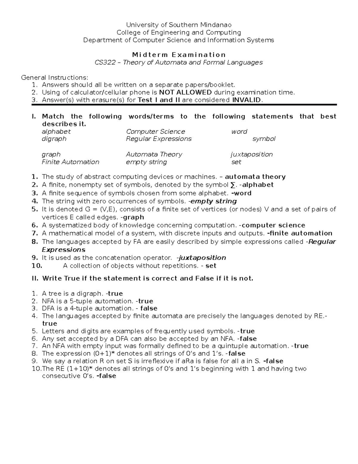 university of southern mindanao entrance exam reviewer