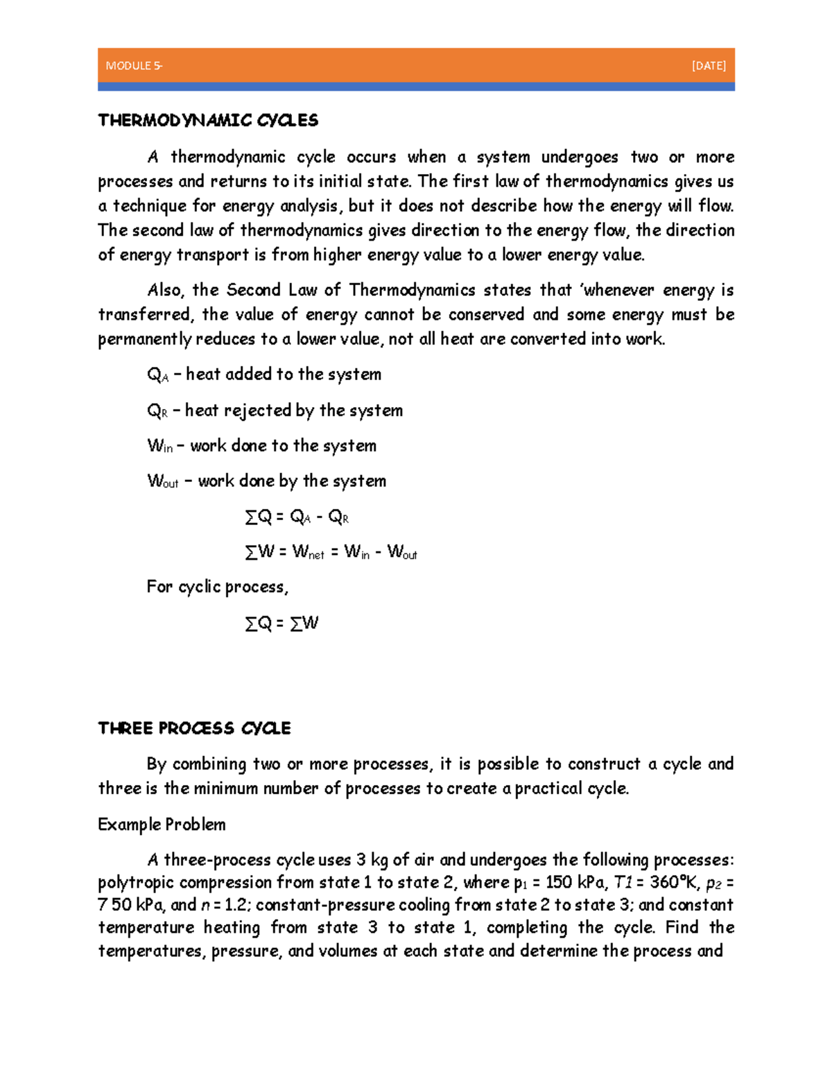 Module 5 - MODULE 5- [DATE] THERMODYNAMIC CYCLES A thermodynamic cycle ...