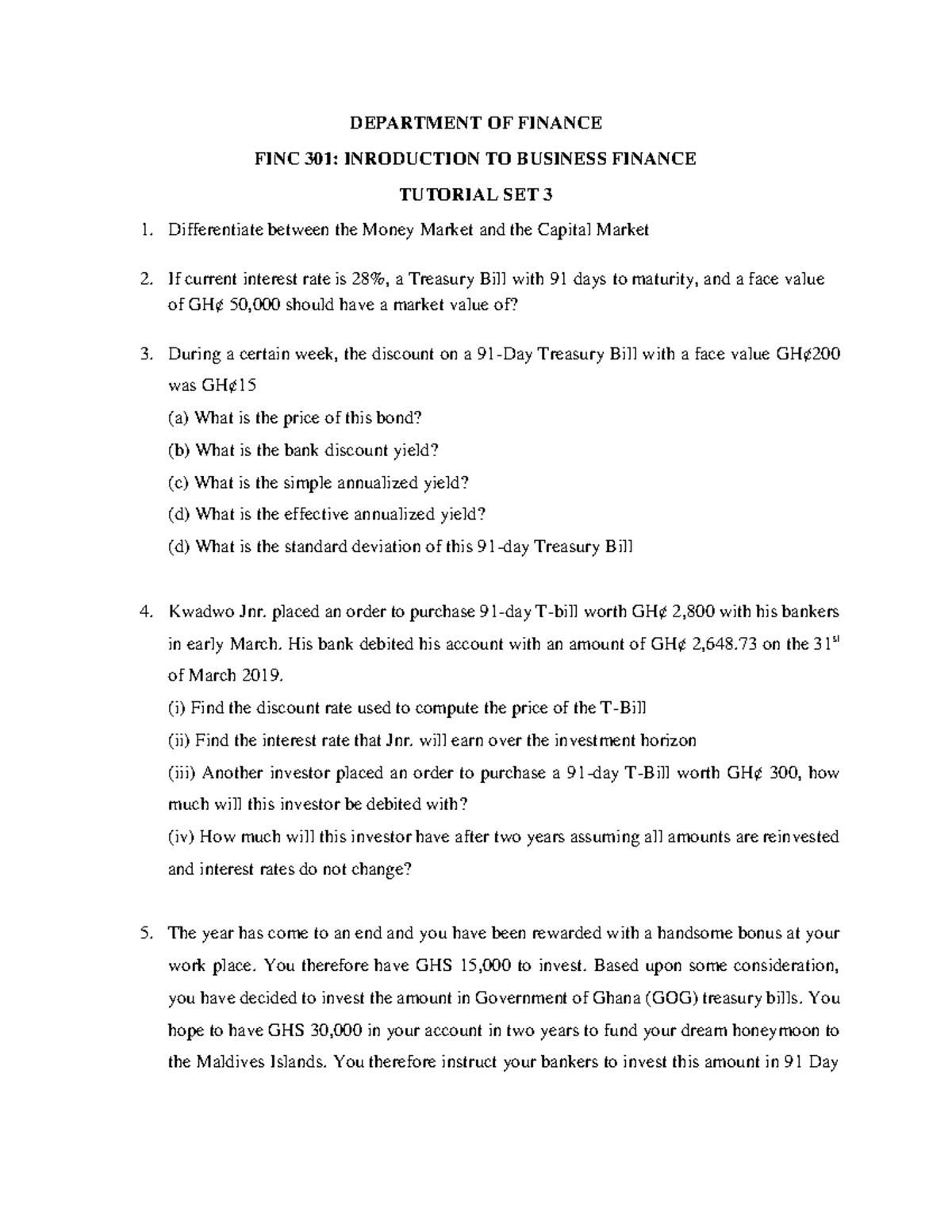 FINC 301 Tutorial Set 3 - Business Finance - UG - Studocu