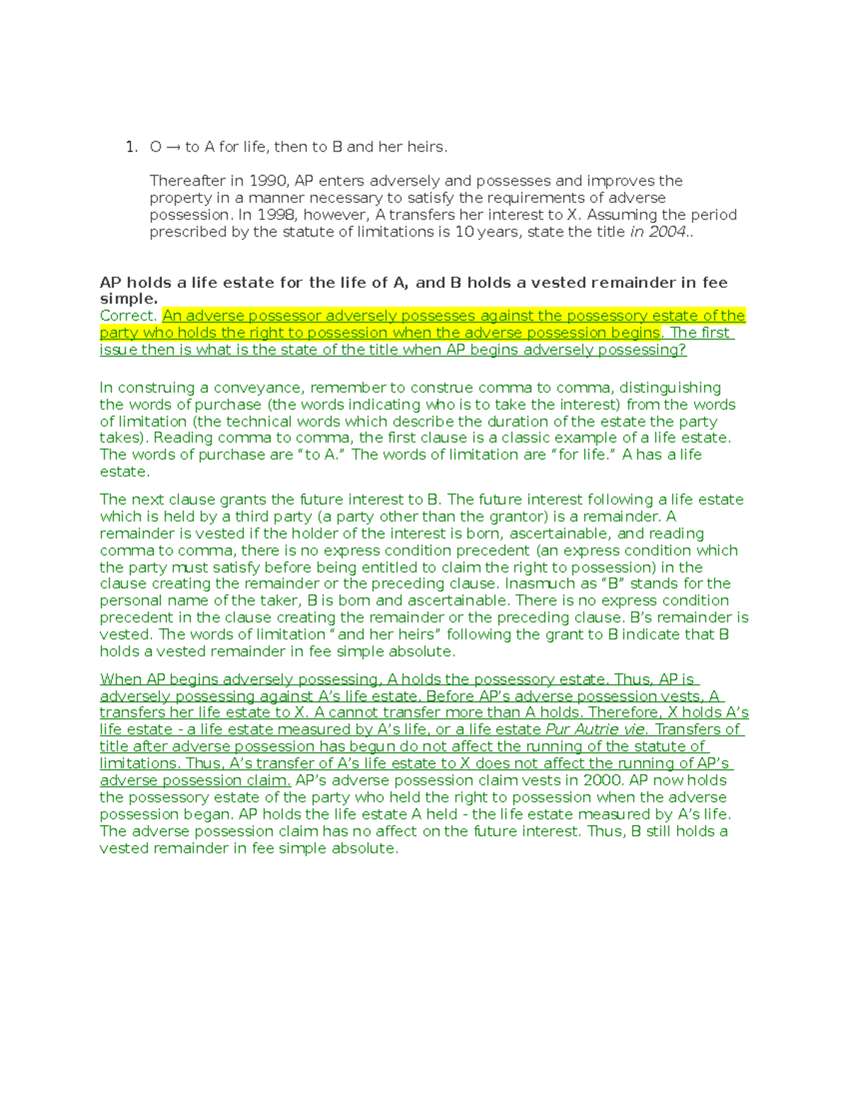 Questions 3 - Future Interests And Estates - O → To A For Life, Then To ...