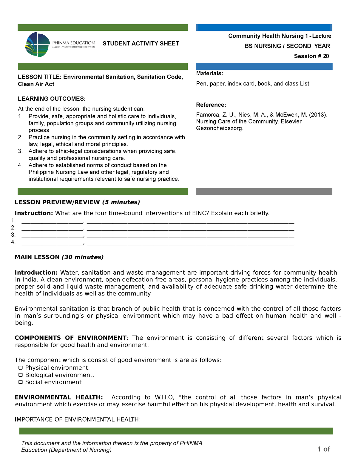 CHN1 Lec Session 20 SAS - notes - STUDENT ACTIVITY SHEET Community ...