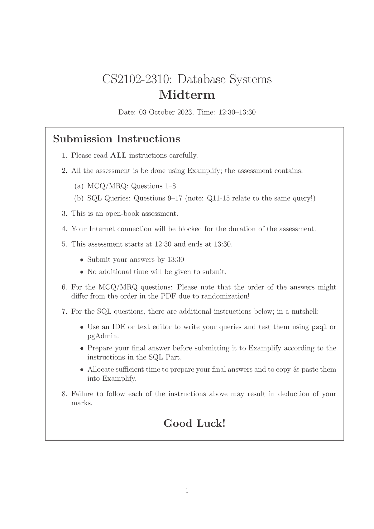 Cs2102 2310 Midterm Instructions - CS2102-2310: Database Systems ...