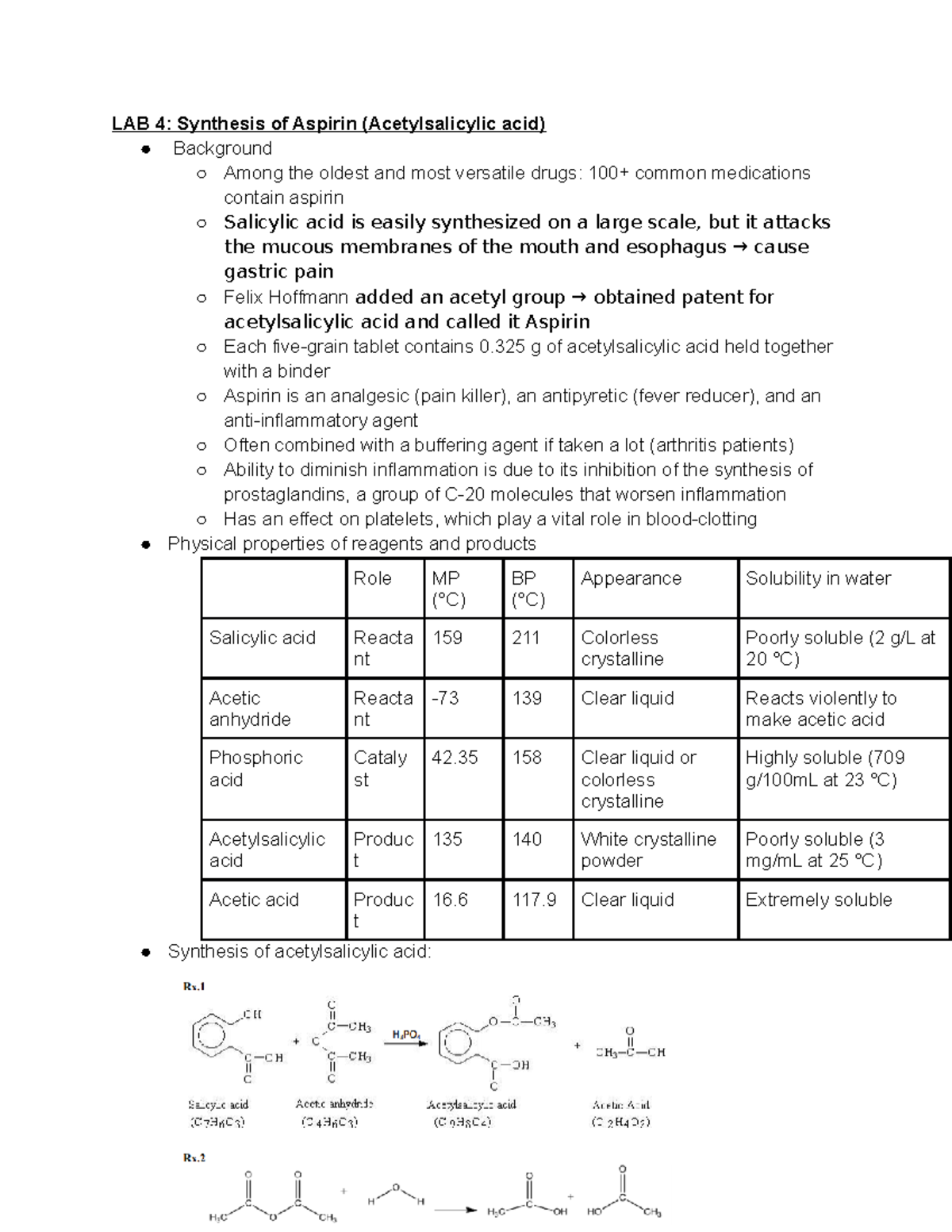 Synthesis of Aspirin Lab 4 Studocu