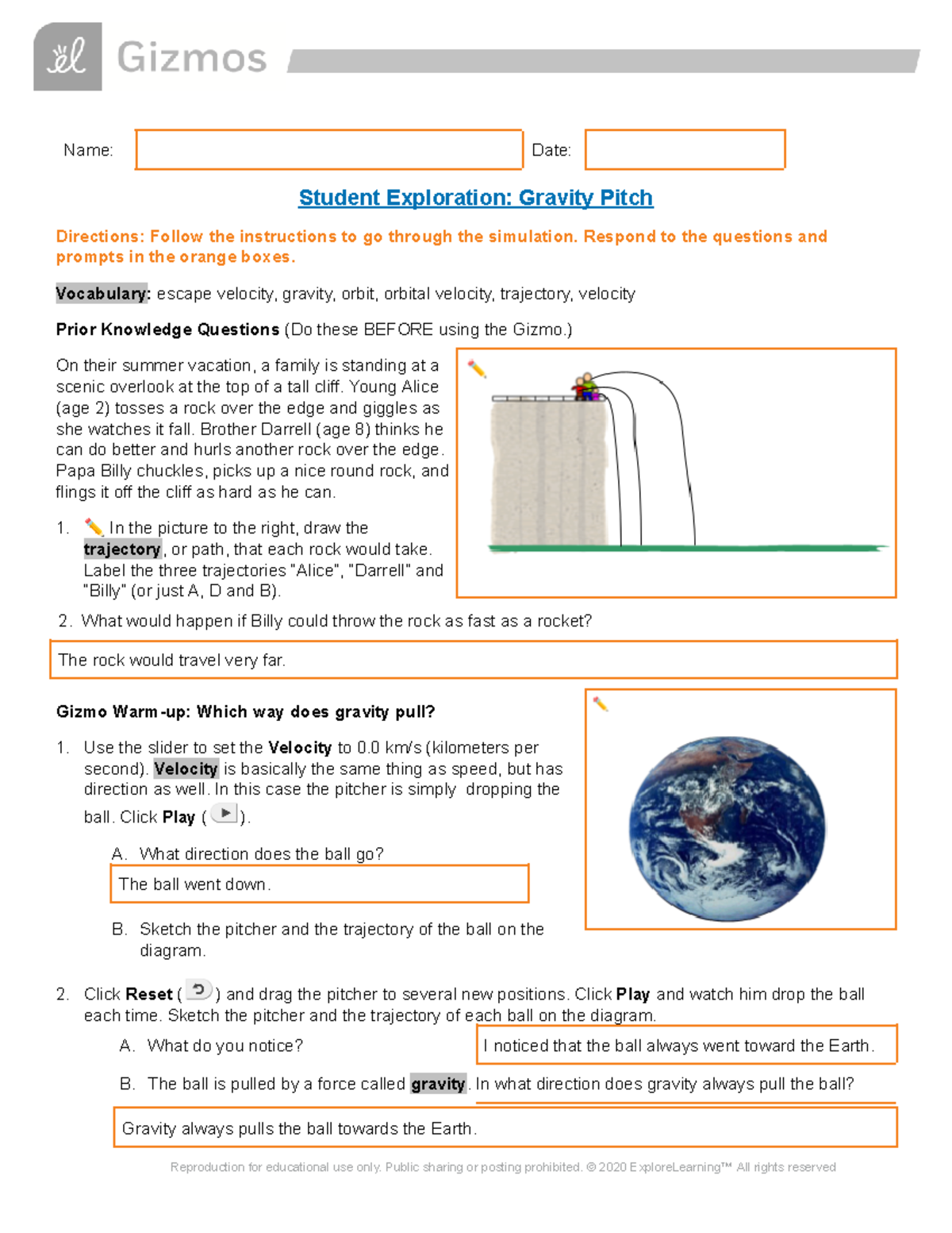 Gravity Pitch SE - Name: Date: Student Exploration: Gravity Pitch ...
