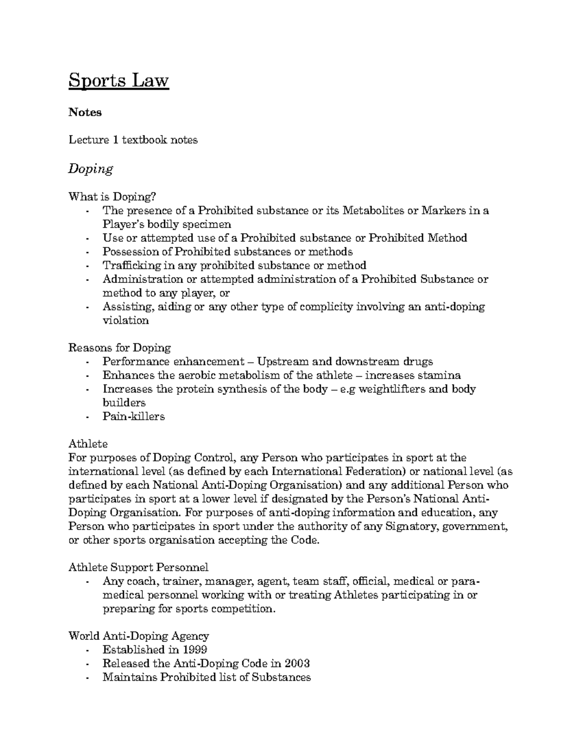 Sports Law notes Sports Law Notes Lecture 1 textbook notes Doping