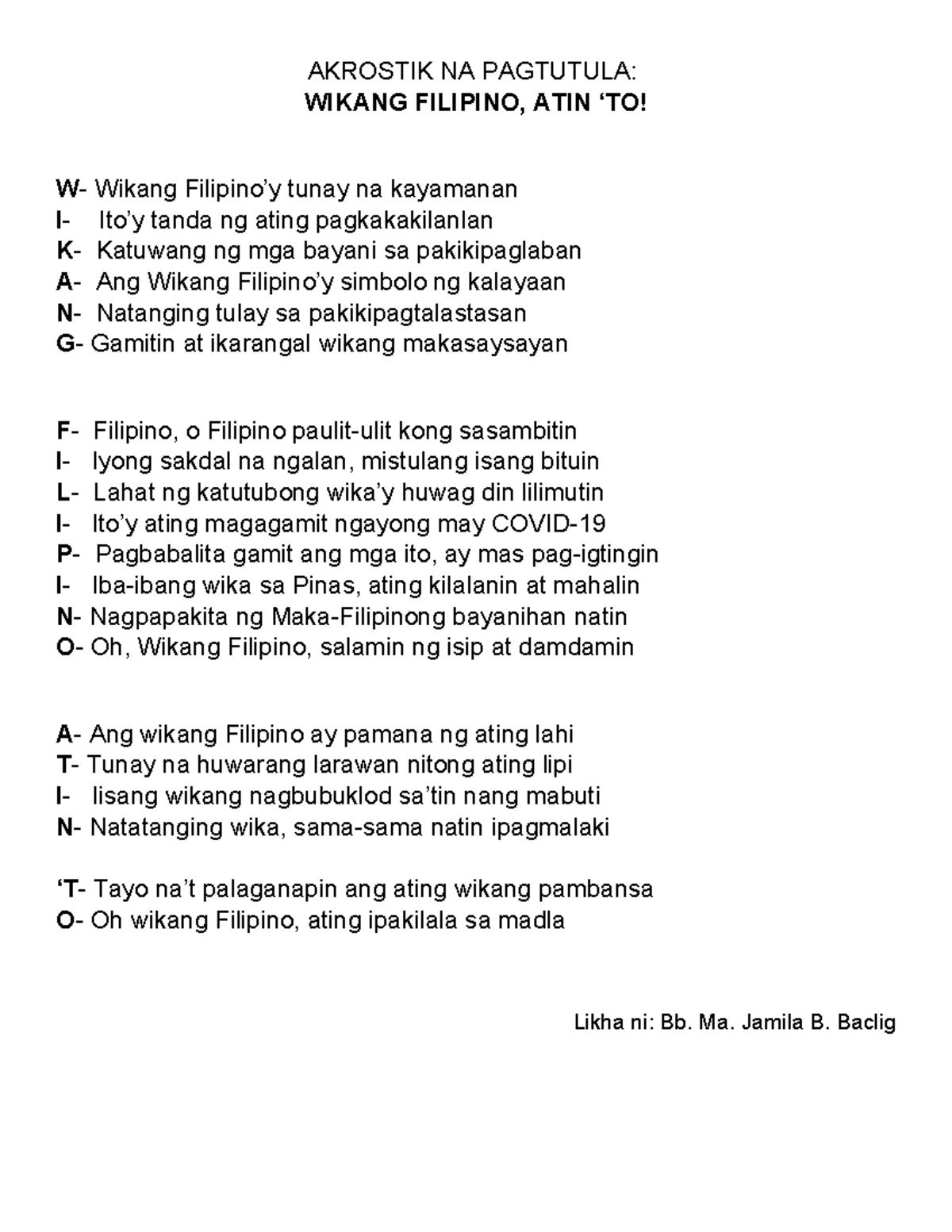 Sariling Gawang TULA- Akrostik NA Pagtutula - AKROSTIK NA PAGTUTULA ...