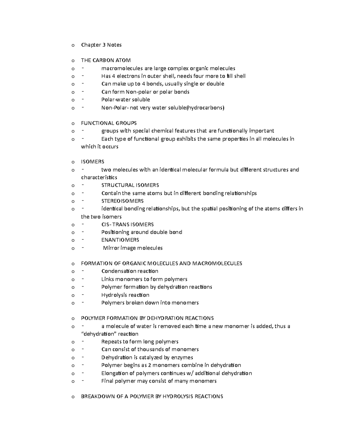 Bio chapter 3 notes - o Chapter 3 Notes o THE CARBON ATOM o ...