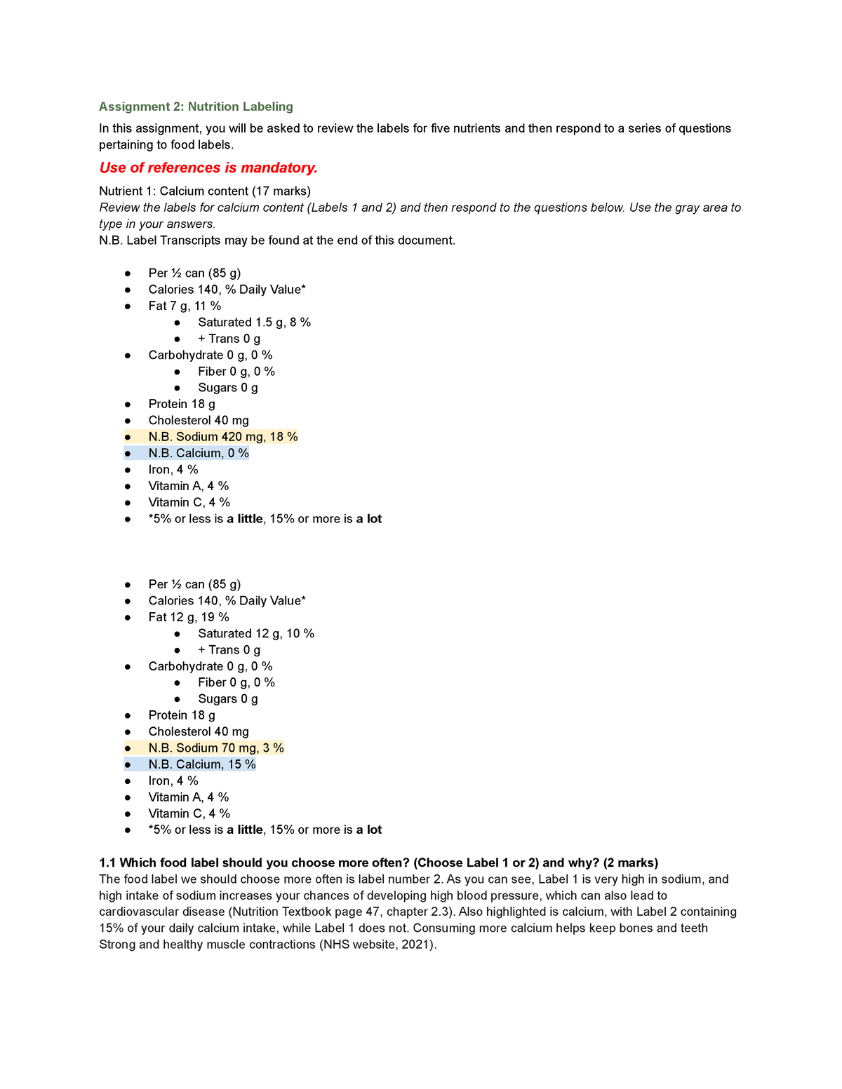 assignment 2 nutrition labelling