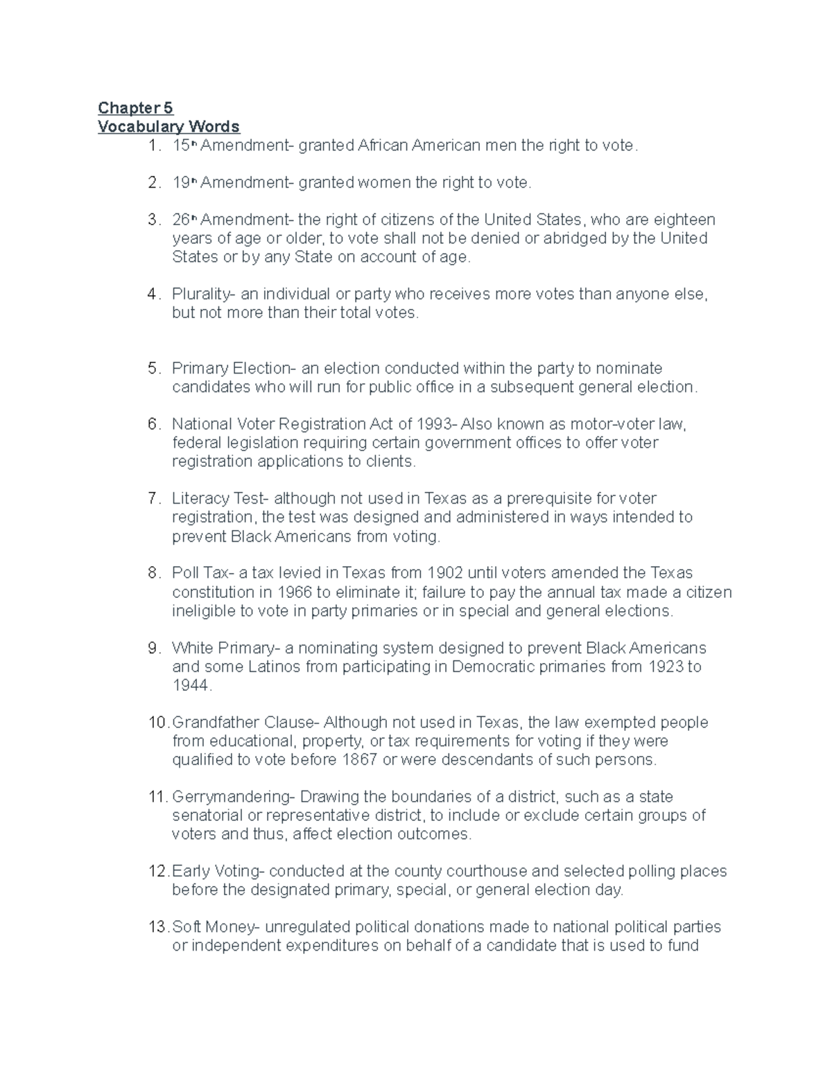 TX Gov. Exam 2 Review Chapter 5 Chapter 5 Vocabulary Words 1. 15 th