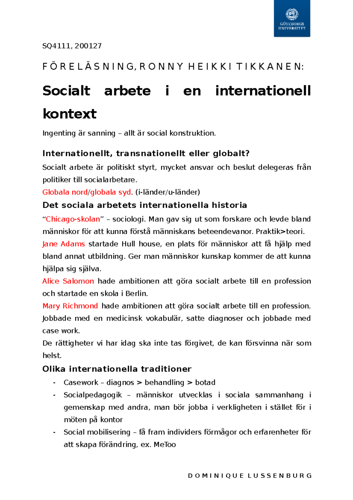 3 - Socialt Arbete I En Internationell Kontext - SQ4111, 200127 F Ö R E ...