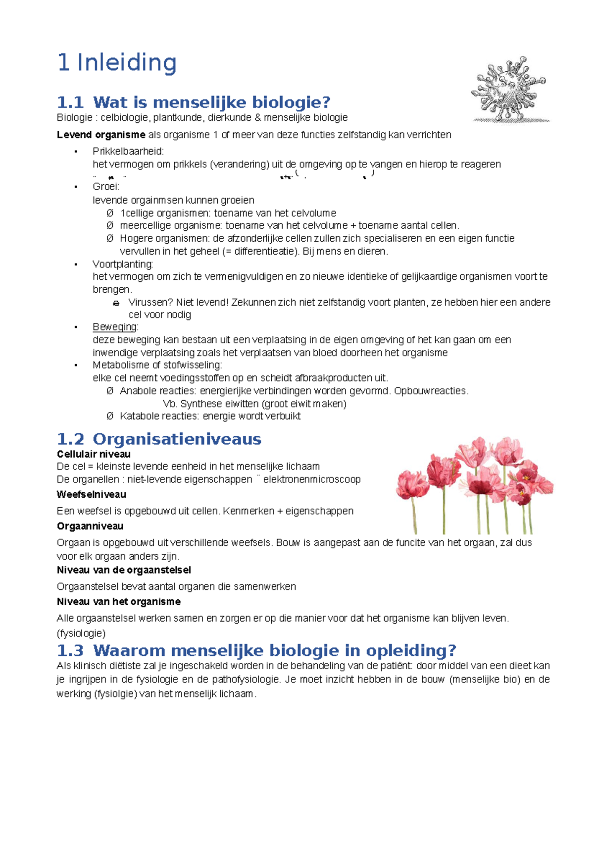 Menselijke Biologie Samenvatting - 1 Inleiding 1 Wat Is Menselijke ...