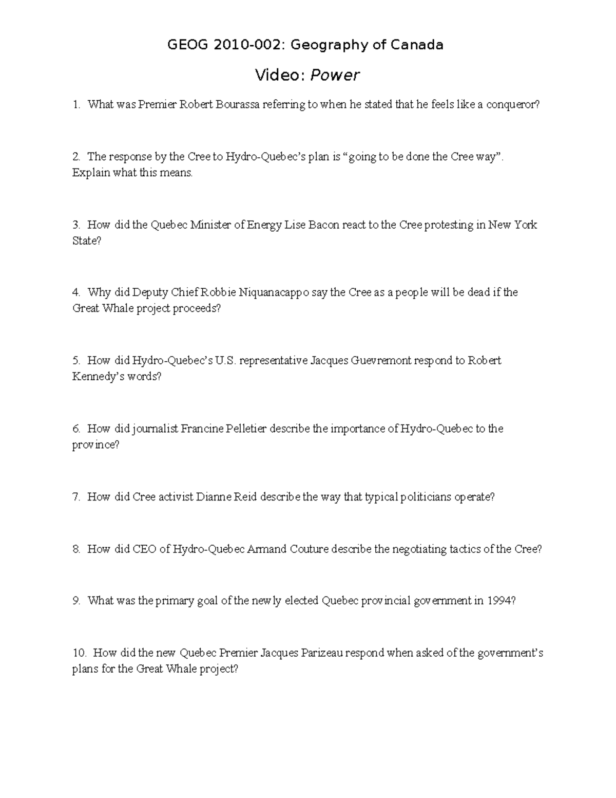 Video Questions Power Geography 2030A/B UWO Studocu