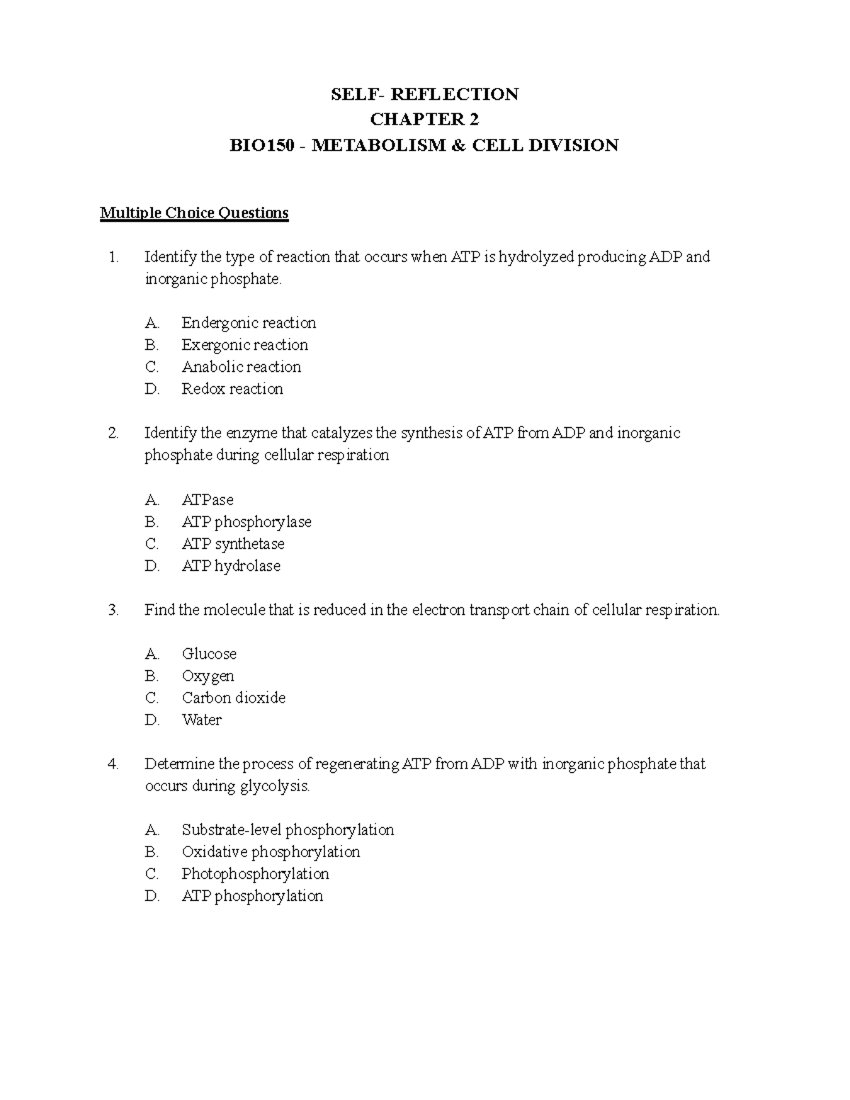 BIO150 SELF- Reflection Chapter 2 (question) - SELF- REFLECTION CHAPTER ...