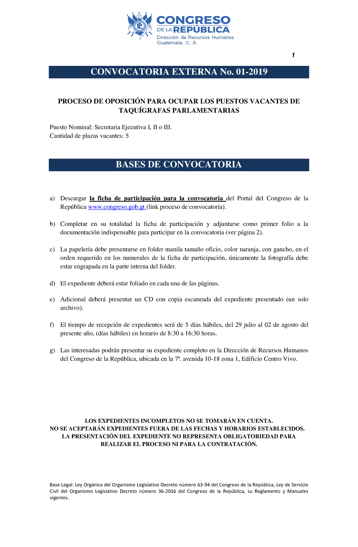 3a547-convocatoriataquigrafa 012019 - 1 Base Legal: Ley Org·nica Del ...