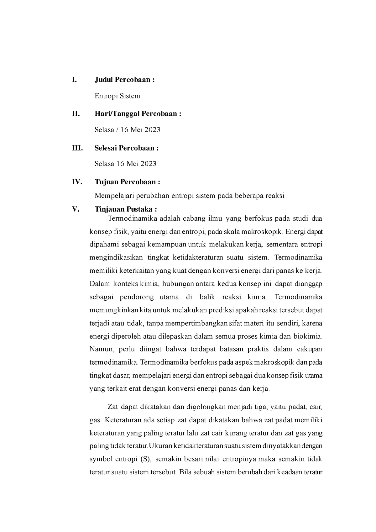 Lapres Entropi Sistem Fix - I. Judul Percobaan : Entropi Sistem II ...