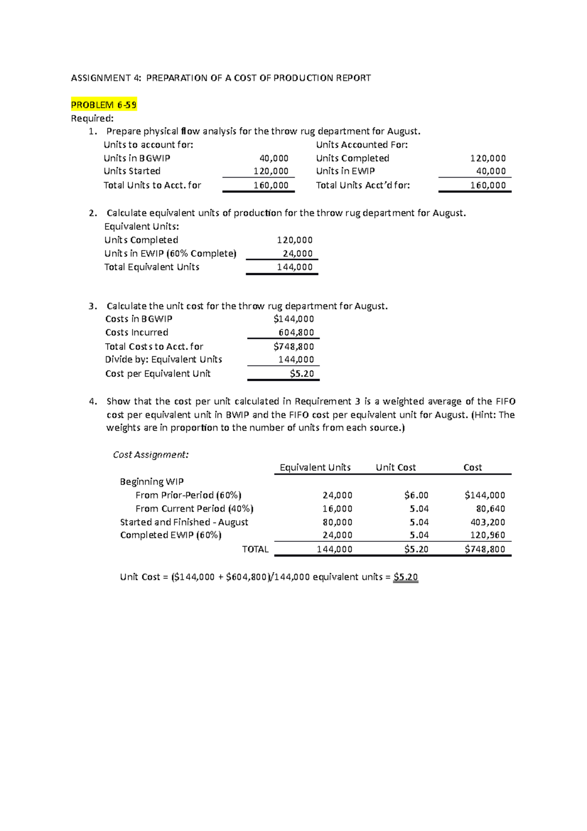 Ass. 4 Cost Production Report - ASSIGNMENT 4: PREPARATION OF A COST OF ...