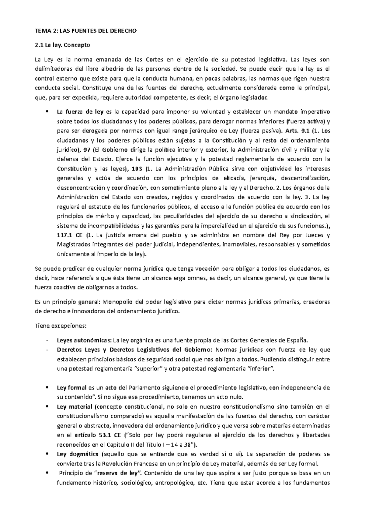 Apuntes Tema 2 - TEMA 2: LAS FUENTES DEL DERECHO 2 La ley. Concepto La ...