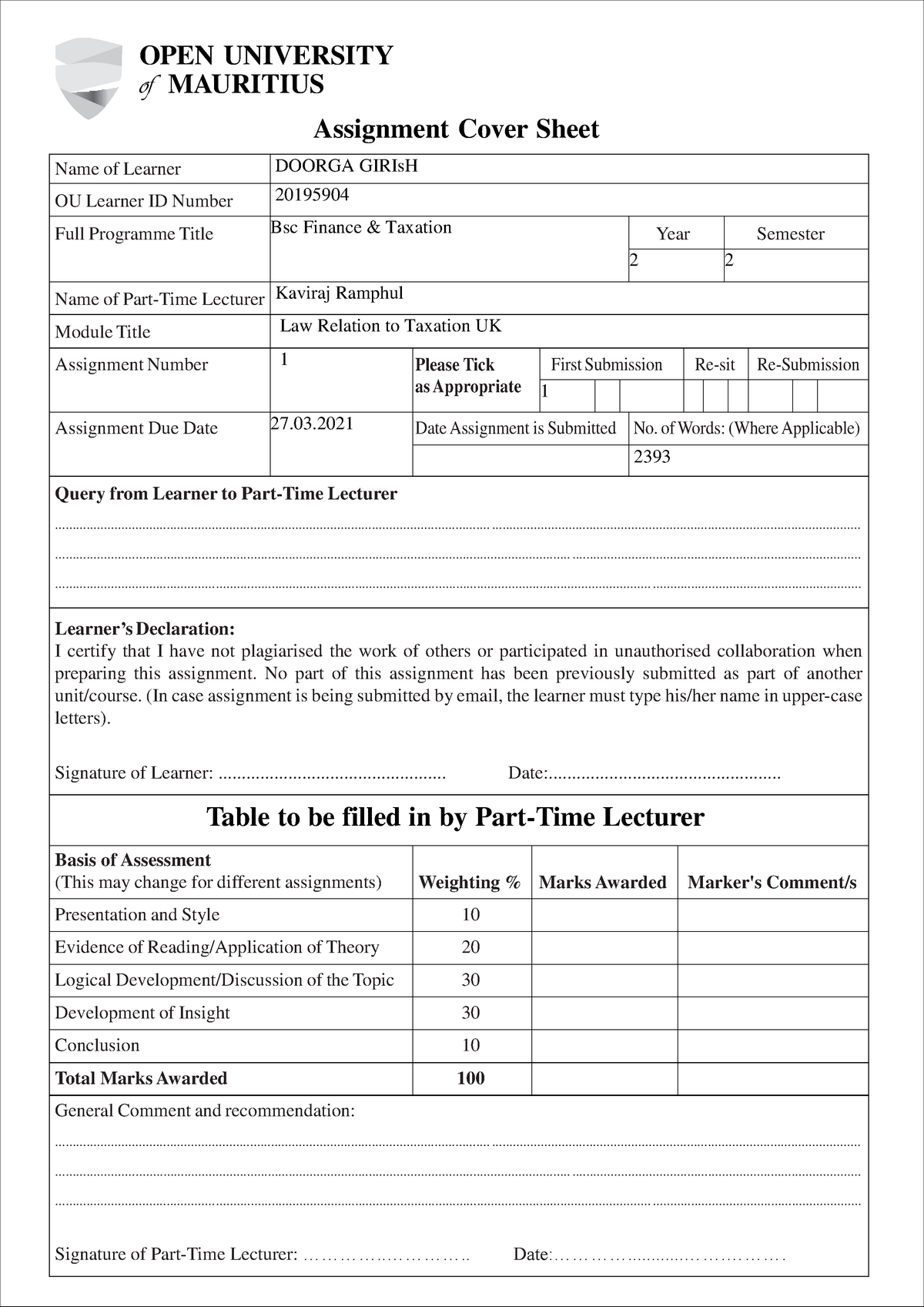 open university assignment layout