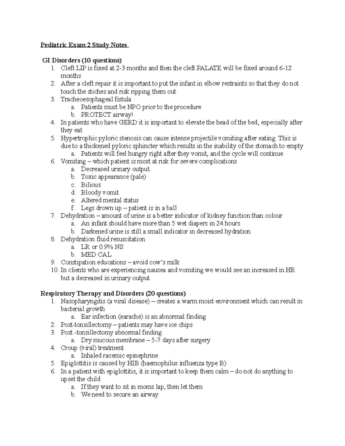 Pediatric Exam 2 Study Notes - Pediatric Exam 2 Study Notes GI ...